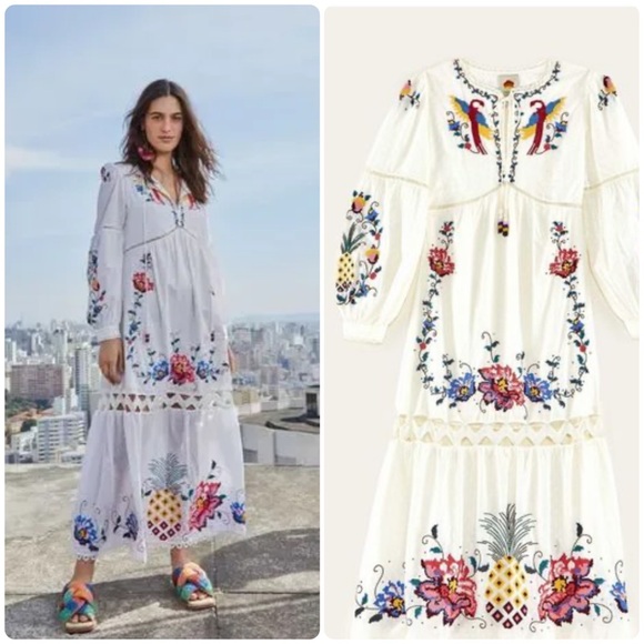 FARM Rio Dresses & Skirts - 🌴Farm Rio Macaw 🦜 Cross Stitch Embroidered maxi midi Dress Off-White Size M NWT